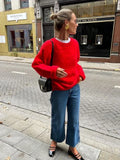 Chic Red O-neck Pullover Sweater For Women Elegant Long Sleeves Casual Loose Knitted Tops Autumn Lady New Fashion Jumpers