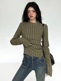 Vintage Green Crop Sweater Women Fairy Grunge Striped Pullover Casual Slim Knitted Jumper Harajuku Fashion Sueter Mujer