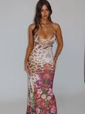 Elegant Floral Print Sexy Maxi Dress For Women Fashion Spaghetti Strap Sleeveless Backless Bodycon Party Long Dress