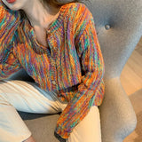 New Rainbow Color Cardigan with Buttons Autumn Winter Korean Fashion Long Sleeve Knit Cardigan Women Loose Sweaters