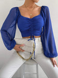 Woman’s Tops Puff Sleeve Sexy Close-Fitting Summer and Spring Lace up V-neck Fashion Solid Color Simple Long Sleeve Hot
