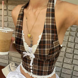 Sexy French Style Sweet Vintage Plaid Women's Tanks Halter Crop Top Woman Knitted Cropped Corset Summer Camisole Vest Outfit