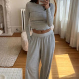 Women 2 Piece Pant Sets Spring Autumn Clothes Solid Color Long Sleeve Crop Tops and Elastic Wide Leg Pants Sleepwear