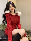 Winter Christmas Knitted Sweater Dress Hooded Women Slim Bodycon Y2k Mini Dress Fur Female One Piece Dress Korean Elegant