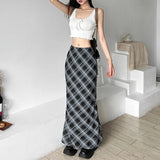 Aesthetics Retro Plaid Print Mesh Long Skirts Y2K Vintage 90s Low Waist Double Layer Straight Midi Skirt Korean Fashion Clothes