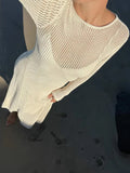 White Crochet Hollow Out Midi Dress For Women Long Sleeve Casual Dress Beach Holiday See-Through Summer Dress Cover-Up