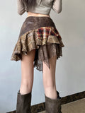 American Retro Asymmetrical Women’s Mini Skirts Lace Stripes Plaid Leather Irregular Fashion Chic Design Short Dresses