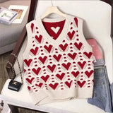 Fashion Love Heart Printed Loose Knitted Vest Sweater Casual V Neck Sleeveless Thick Sweater Vest Female Waistcoat Chic Tops