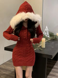 Winter Christmas Knitted Sweater Dress Hooded Women Slim Bodycon Y2k Mini Dress Fur Female One Piece Dress Korean Elegant