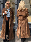 Vintage Suede Long Women's Jacket Casual Lapel Single Breasted Lace up Coats Jackets Autumn Fashion Women Coat Retro Outerwear