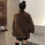 Autumn Fuzzy Leopard Print Jacket Women Fashion Stand Collar Warm Parkas Outwear Winter Korean Female Loose Faux Fur Coats New