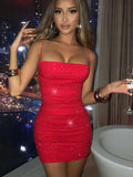 Sequins Backless Sexy Mini Dress For Women Robe Summer New Spaghetti Strap Sleeveless Ruched Party Short Dress Vestido