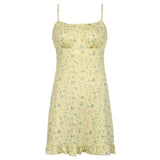 Yellow Bow Small Flowers Printing Mini Dress