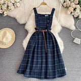 Vintage Korean Two Piece Set Dress Women Autumn Winter Plaid Woolen Spaghetti Strap Dress With Belt Long Sundress Vestidos