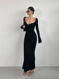 Sexy V-neck Flare Sleeves Dress Elegant For Women's Spring New High Waist Slim Split Fish Tail Wrap Hip Long Dress Sweet