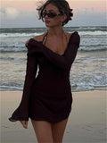 Elegant Off-Shoulder Halter Short Dress Women Long Flare Sleeve Side Drawstring Ruched Mini Dress A-Line Party Vestidos