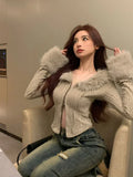 Sexy French Fashion New Fur Cardigan 2000s Aesthetic Casual Jacket Women's Harajuku Goth Retro Slim Fit Fur Splicing Jacket