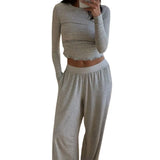 Women 2 Piece Pant Sets Spring Autumn Clothes Solid Color Long Sleeve Crop Tops and Elastic Wide Leg Pants Sleepwear