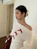 Skew Collar Off Shoulder Knitted Tops Women Spring Autumn New Bottoming Pullovers Y2k Long Sleeve Slim Fit Sweaters