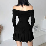 Black Off Shoulder Long Sleeve Pleated Dress