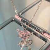 New Trend Unique Design Elegant Delicate Light Luxury Pink Zircon Heart Necklace Women Jewelry Party Gift