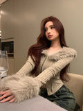 Sexy French Fashion New Fur Cardigan 2000s Aesthetic Casual Jacket Women's Harajuku Goth Retro Slim Fit Fur Splicing Jacket