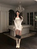 Christmas New Years Bodycon Knitted Mini Dress Women Casual Long Sleeve Sweet Elegant Even Party One Piece Dress Korean Fur