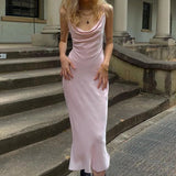 Elegant Backless Slim Long Dresses for Women,Sexy Halter,Pink Dress,High Waist,Low-Cut Satin,Bag Hip Slit,Sling Clothes,Summer