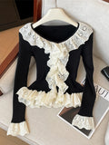 Autumn Winter Woman Vintage Ballet Core Pullovers Ruffle Sweater Old Money Sweater Long Sleeve Knitwears Elegant Mori Girl Kpop