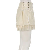 Sweet Mesh Tiered Ruffle Shorts Skirts Khaki Wide Form Side Bandage Cute Hot Pants Lolita Style Soft Girls Shorts Y2K