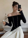 Korean Fashion Off Shoulder Sweater Women Fairycore Aesthetic Knitted Jumper Mujer Chic Elegant Long Sleeve Top Spring