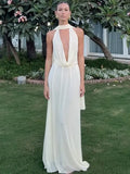 Sexy See Through Deep V Neck White Maxi Dress Elegant Splicing Pleated Mesh Halter Scarf Slim Robes Lady Party Evening Gown