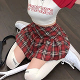 Preppy Plaid Pleated Skirt Red Women Summer Vintage Korean Style High Waist Patchwork A-line Mini Skirt Harajuku