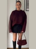 Chic Red O-neck Pullover Sweater For Women Elegant Long Sleeves Casual Loose Knitted Tops Autumn Lady New Fashion Jumpers