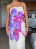 Chic Women Flowers Printed Strapless Sleeveless Maxi Dress Elegant Off Shoulder Slim Long Vestdios Sexy Party Club Robes