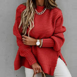 Autumn Winter Long Sleeved Solid Color Women Pullover Lazy Style Side Split Knitted Sweaters Fashion Comfortable Woman Clothing