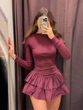 Fashion Women Round Neck Pleated Solid Mini Dress Chic High Waist Long Sleeve Short Vestdios Elegant High Street Robes