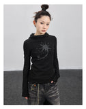 Gothic Print Graffiti T Shirt Women Turtleneck Long Sleeve Tee Tops Y2k Vintage Tops 2000s Japanese Streetwear Tshirts