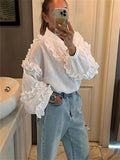 Ruffle Loose Women Shirts  Cotton Long Sleeve Elegant White Tshirt Ladies Street Casual Holiday Baggy Cover Up Female