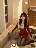 Sweet Spicy Girl Lace Splice Square Neck Knit Dress Women Fashion Gentle Elastic Slim Solid New Year Sweater Wrap Hip Chic Wear