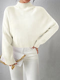 Women's Ribbed Knitted Sweater, Mock Neck Long Sleeve Pullover, Solid Color High Neck Drop Shoulder Jumper