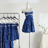 New Vintage Blue Lace Floral Dress Woman Holiday Sext Backless Midi Dress Casual Sleeveless Korean Fashion Dress Chic