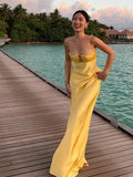 Summer Backless Yellow Satin Slip Dresses Women Elegant Off Shoulder Strapless Floral Chest Long Dress New Lady Party Robes