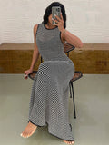 Striped Sleeveless Slim Maxi Dress Female Hollow Out Patchwork Casual Boho Holiday Beach Dress Women's High Waist Dress