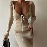 Off Shoulder Fashion Sexy Bandage Top and Skirt Co-ords Sets Elegant Outfits Knitted Sweater Two Piece Sets Autumn Skirt Sets