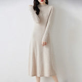 Autumn/Winter New A-line Pullover Dress Women's Half High Neck Over Knee Slim Knitted Cashmere Long Dress