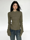 Vintage Green Crop Sweater Women Fairy Grunge Striped Pullover Casual Slim Knitted Jumper Harajuku Fashion Sueter Mujer