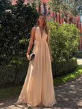 Fashion Women V Neck Halter Sleeveless Maxi Dress Elegant Solid Pleated Hollow Out Backless Vestdios Sexy New Party Banquet Gown