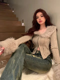 Sexy French Fashion New Fur Cardigan 2000s Aesthetic Casual Jacket Women's Harajuku Goth Retro Slim Fit Fur Splicing Jacket