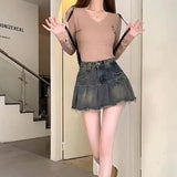 Vintage Fringe Design Slimming High-waisted Denim Skirt Women's Mini Dress Plenty Wrinkles For Summer